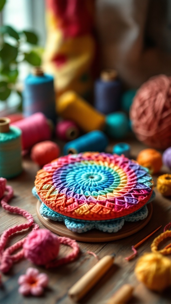 A colorful crochet fidget wheel surrounded by yarn and crochet supplies.
