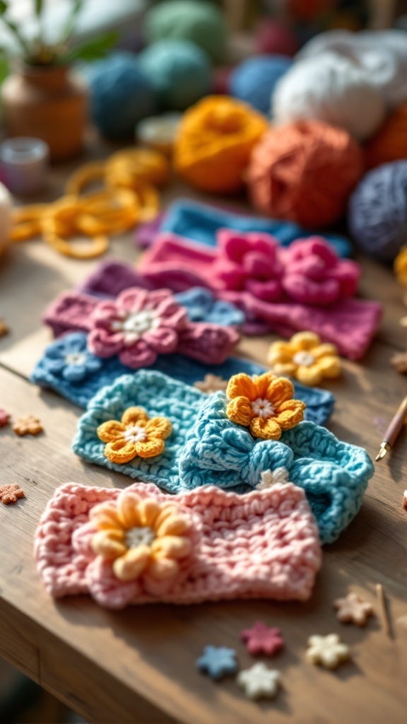 Colorful crochet headbands with flower designs displayed on a wooden table