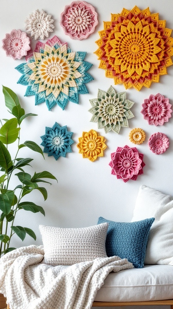 A collection of colorful crochet mandalas displayed on a white wall with a cozy sofa and pillows.