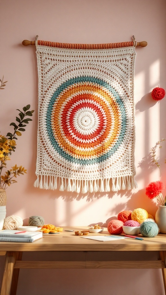 Colorful crochet wall hanging with concentric circles in warm tones, hanging on a pink wall above a desk with yarn and craft supplies