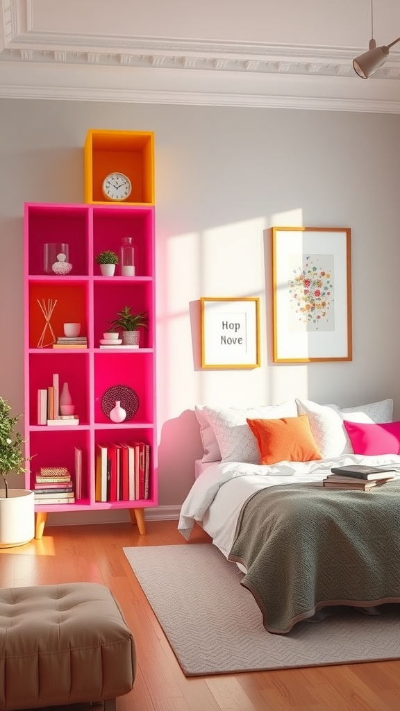 Colorful cube shelves in a living room with pink and orange accents