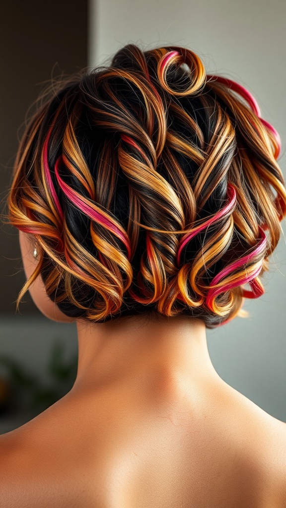 A vibrant colorful curly bob hairstyle featuring a mix of black, golden, and pink hair.