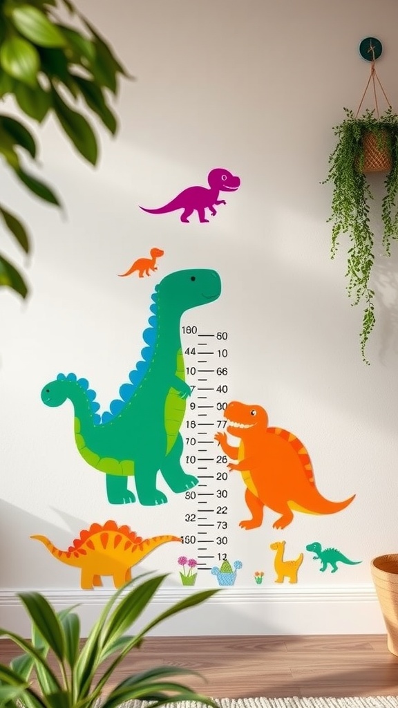 Colorful dinosaur growth stickers on a nursery wall, featuring various dinosaurs and a height chart.