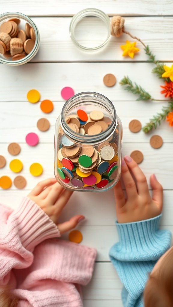A colorful DIY piggy bank made from a mason jar filled with tokens, surrounded by craft materials.
