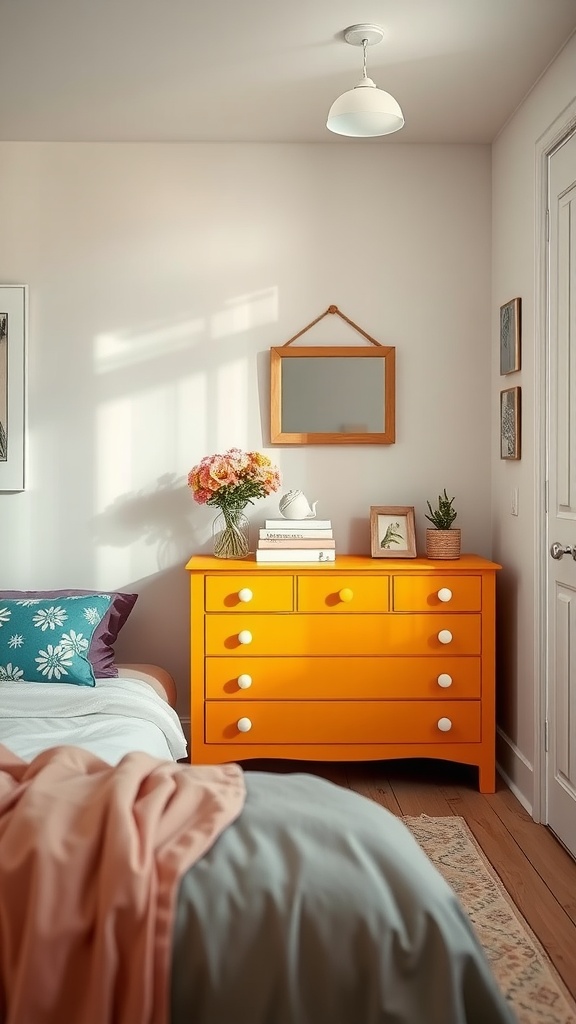 Colorful orange dresser in a small bedroom with decorative items on top