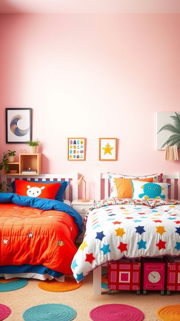 A colorful shared bedroom with two beds, one with an orange and blue theme and the other with a white and star theme.