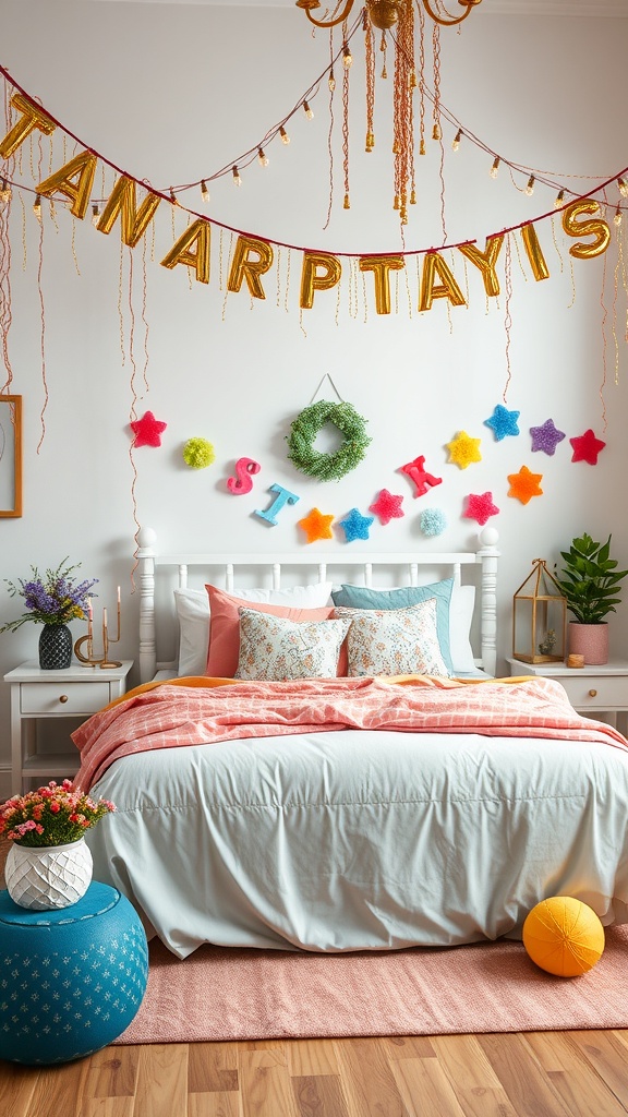 A colorful room decorated for a festive event with a banner, stars, and vibrant bedding.