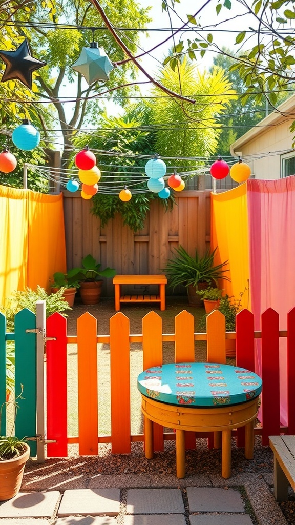 Colorful fabric fencing in a backyard with vibrant colors and decorative lanterns