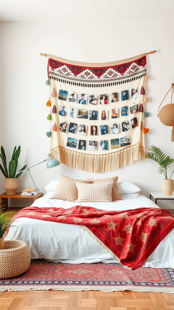 Colorful fabric wall hanging with photos in a cozy bedroom setting