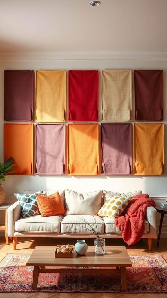 A living room with colorful fabric wall panels in warm tones, featuring a cozy couch and decorative pillows.