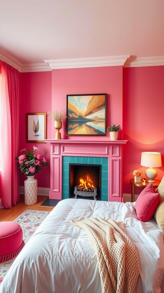 A bright bedroom with pink walls and a teal faux fireplace, featuring a cozy bed and colorful decor.