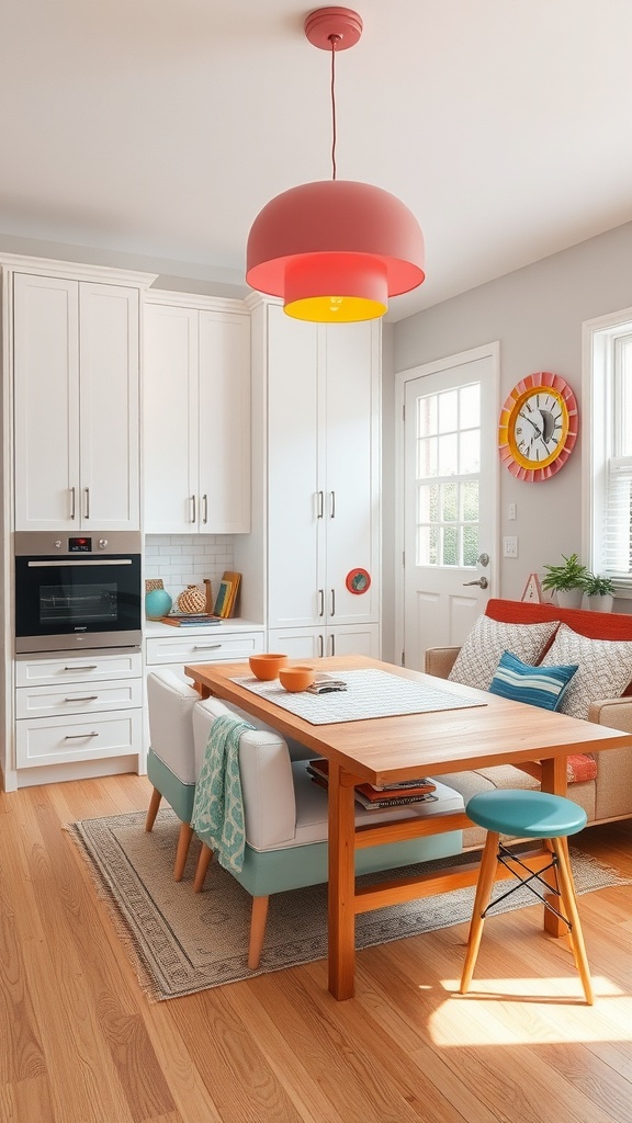 A modern kitchen featuring a colorful pendant light, turquoise stools, and a cozy dining area.