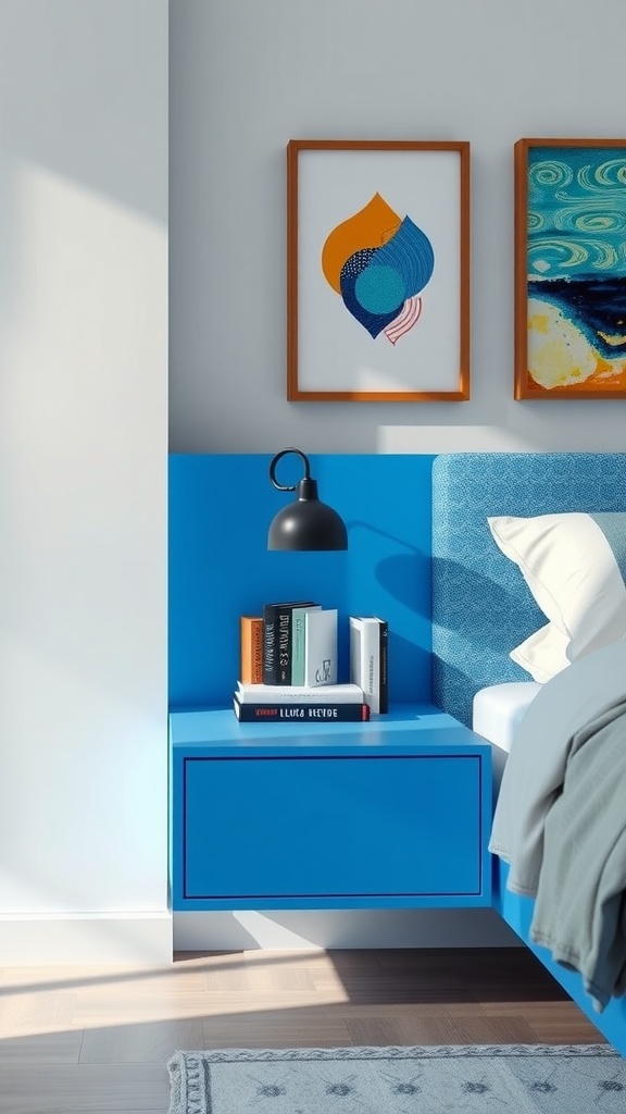 A colorful blue floating nightstand with books and a lamp beside a bed.