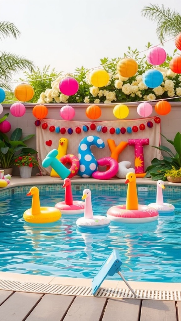 A vibrant pool scene with colorful inflatable decor, including ducks and flamingos, and cheerful hanging lanterns.