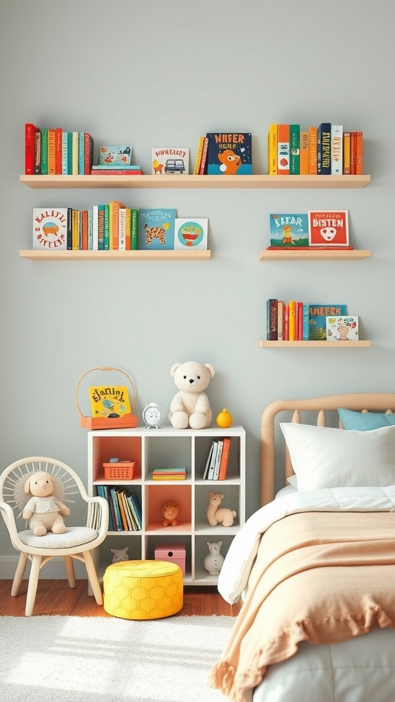 Colorful floating shelves with children's books and toys in a nursery