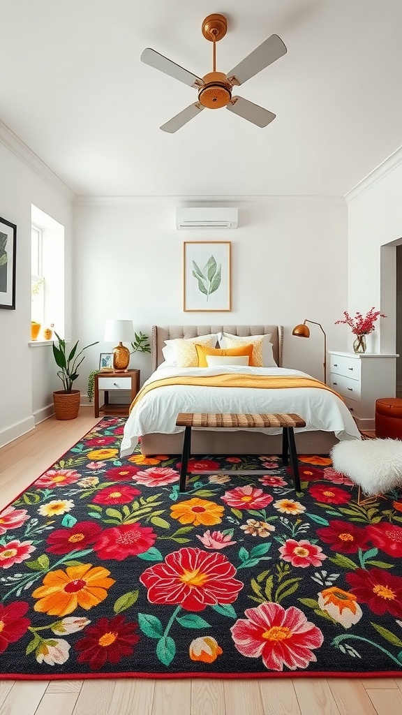 A colorful floral rug in a bright bedroom with a bed, fan, and plants.