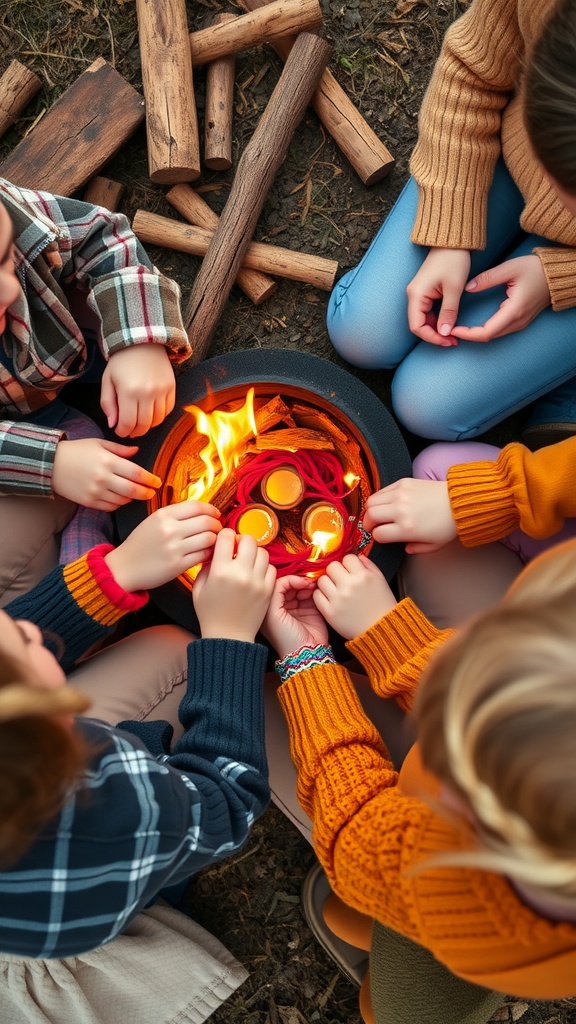 Kids sitting around a fire, holding brightly colored threads for making friendship bracelets.