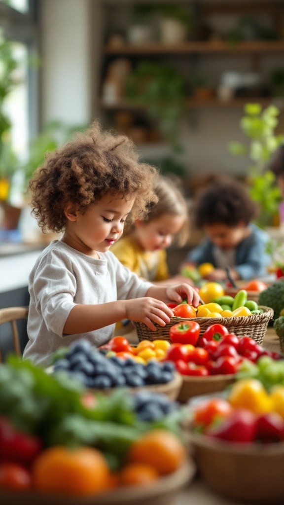 Children sorting colorful fruits and vegetables in a bright indoor setting
