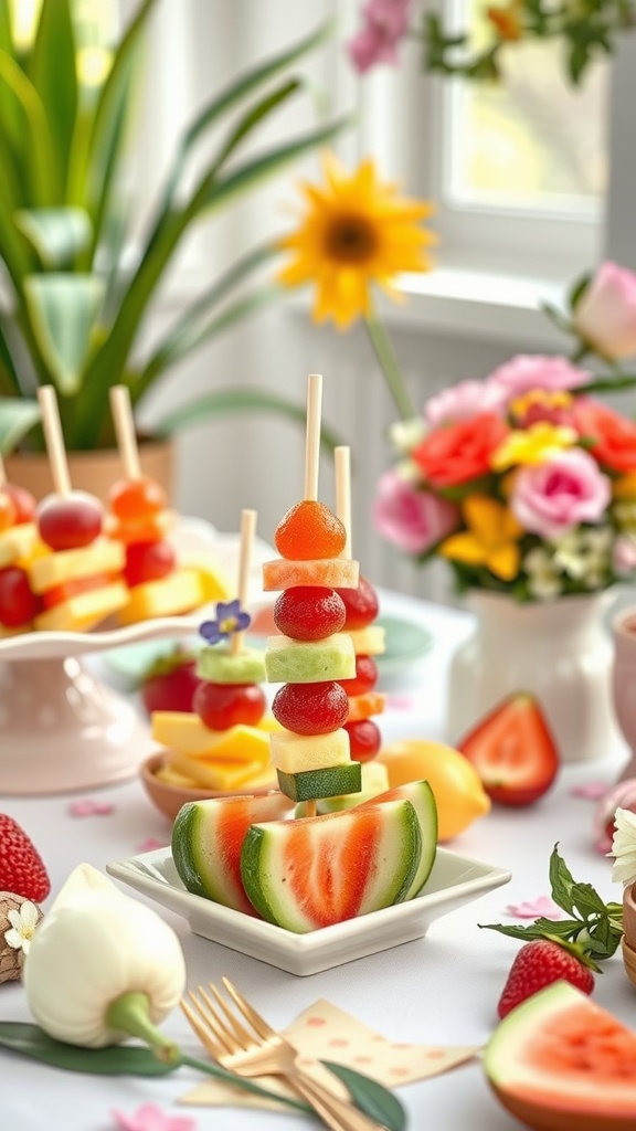 A beautiful display of colorful fruit skewers on a baby shower food table, surrounded by fresh flowers and sliced fruits.