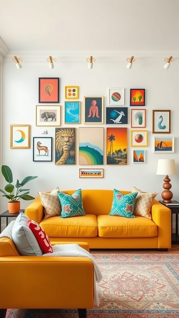 A living room featuring a mustard sofa and a colorful gallery wall with various framed artworks.