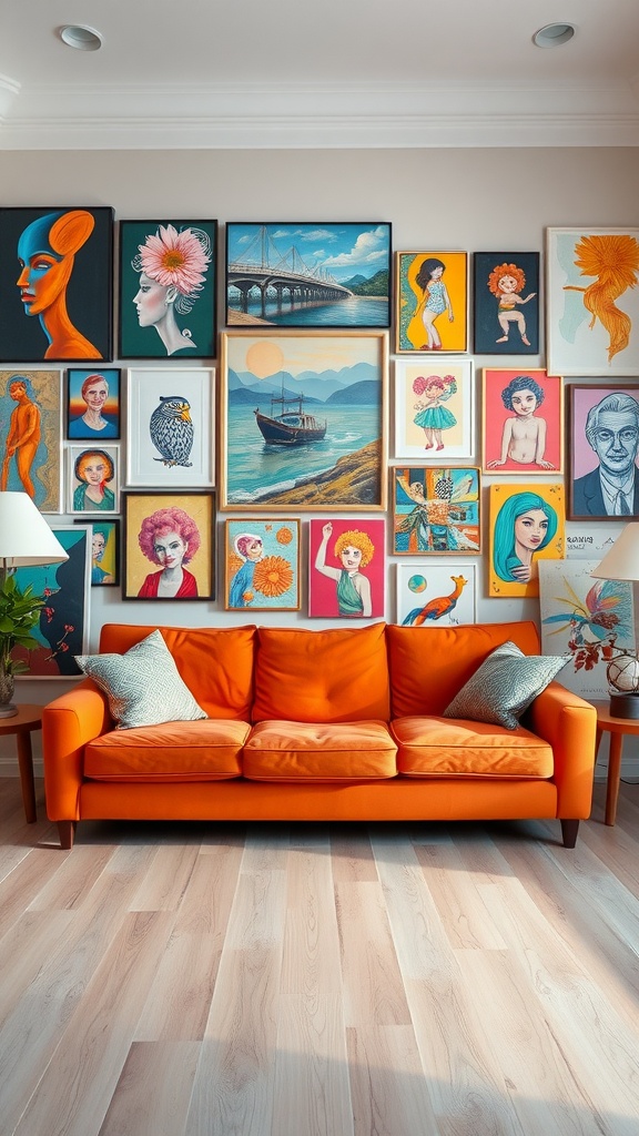An orange sofa in a living room with a colorful gallery wall filled with various artworks.
