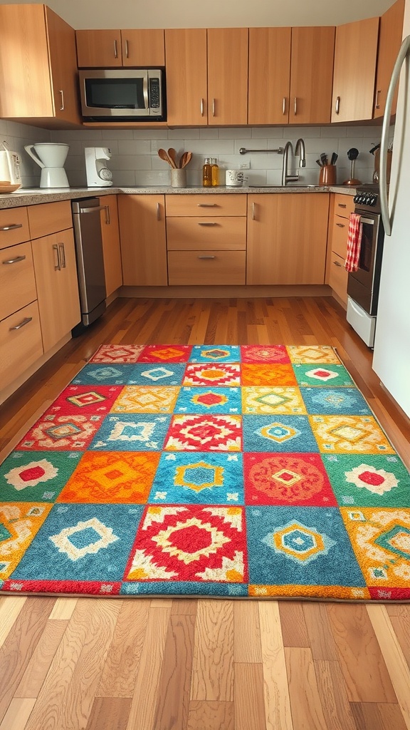 Colorful geometric patterned rug in a modern kitchen