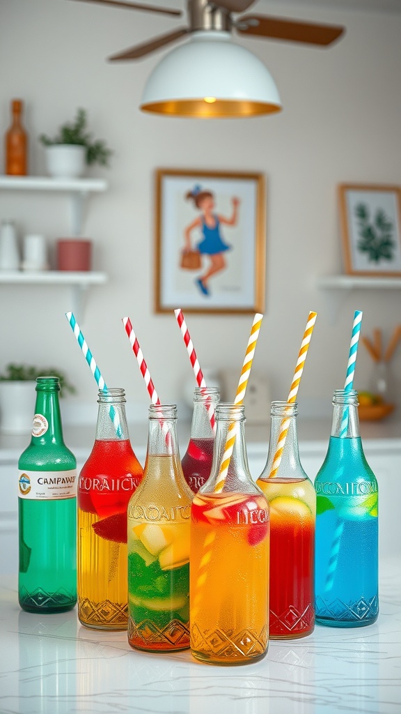 Colorful glass bottles filled with drinks and straws on a kitchen island