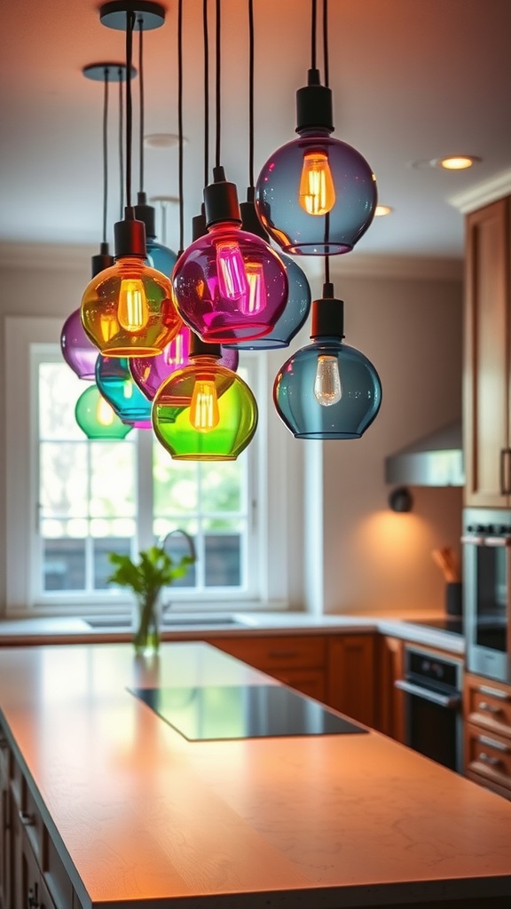 Colorful glass pendant lights hanging over a kitchen island