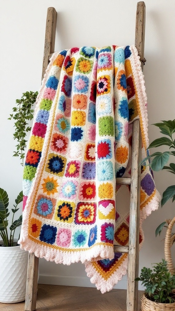 A colorful crochet blanket with granny squares, draped over a wooden ladder, showcasing its vibrant patterns and soft pink border.