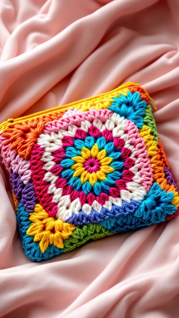 Colorful crochet granny square clutch on a pink fabric background