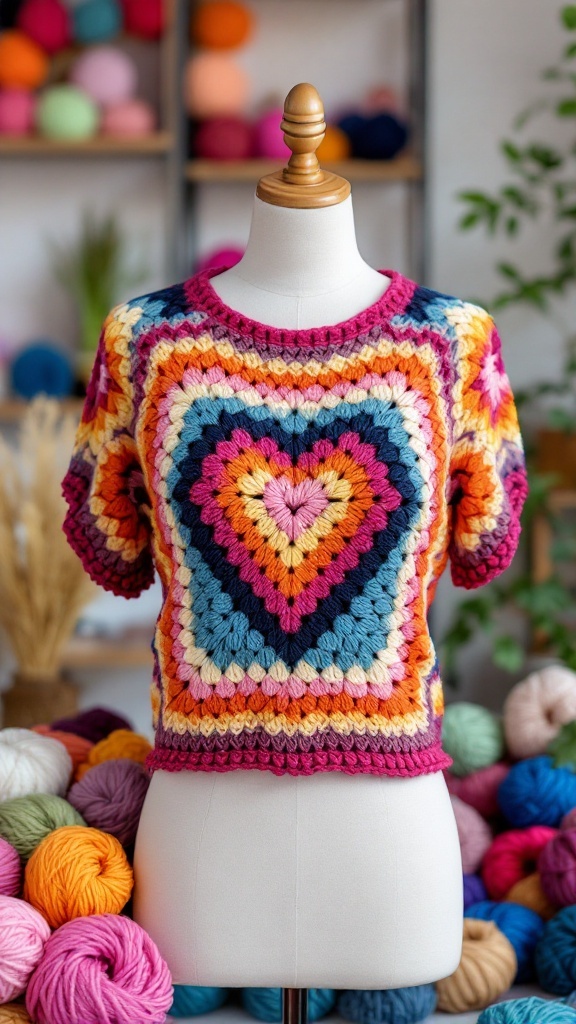 A colorful crochet granny square top with a heart design in bright colors.