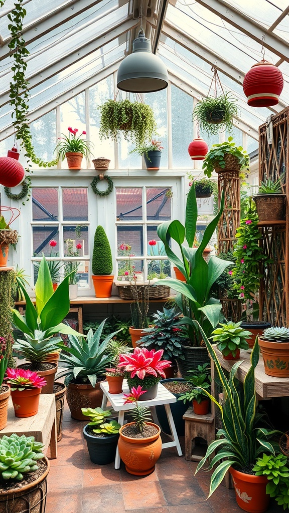Colorful greenhouse filled with various plants and artistic decor