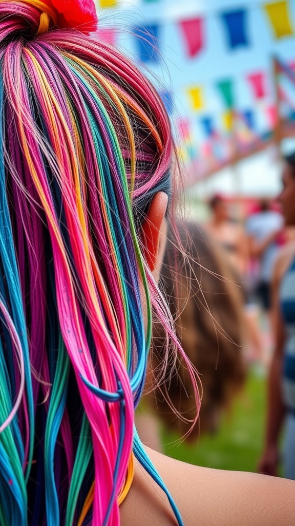 A colorful hairstyle featuring pink, blue, and other vibrant hues, perfect for a festival.