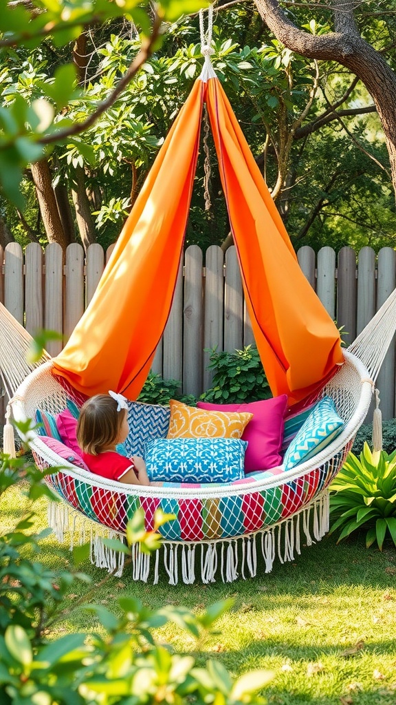 A child sitting in a colorful hammock tent with cushions in a backyard setting.