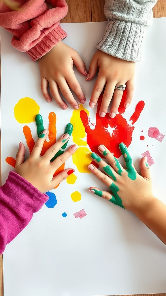 Hands of toddlers covered in colorful paint creating handprint art