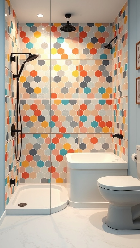 A colorful shower featuring hexagonal tiles in shades of blue, orange, and gray.