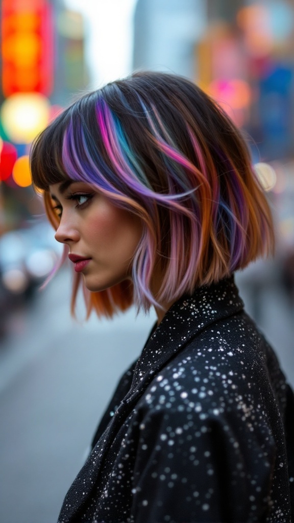 A stylish bob haircut with colorful pastel highlights in pink, purple, and blue.