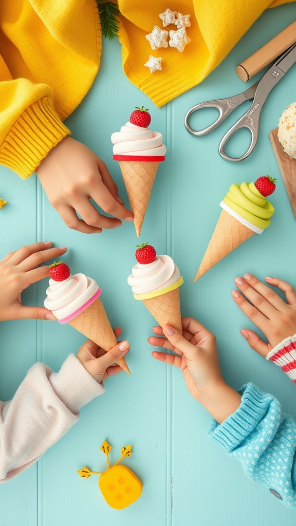 Hands holding colorful ice cream cone puppets made from foam and craft materials.