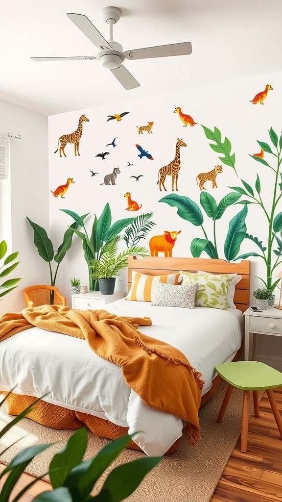 A colorful jungle-themed bedroom for a preschooler featuring animal wall art, green plants, and vibrant bedding.