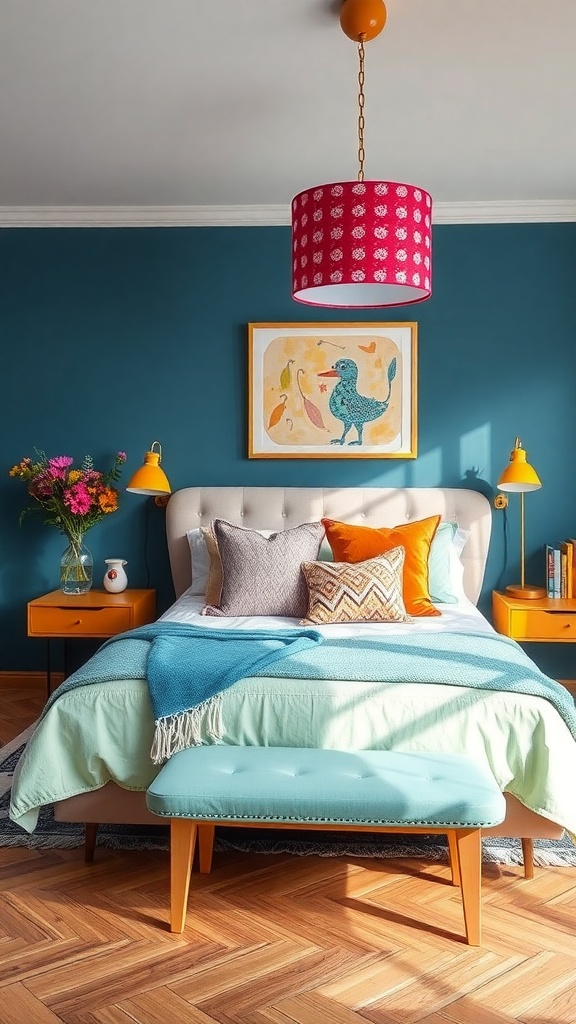 A colorful living room featuring a pink patterned lampshade, teal walls, and orange accents.