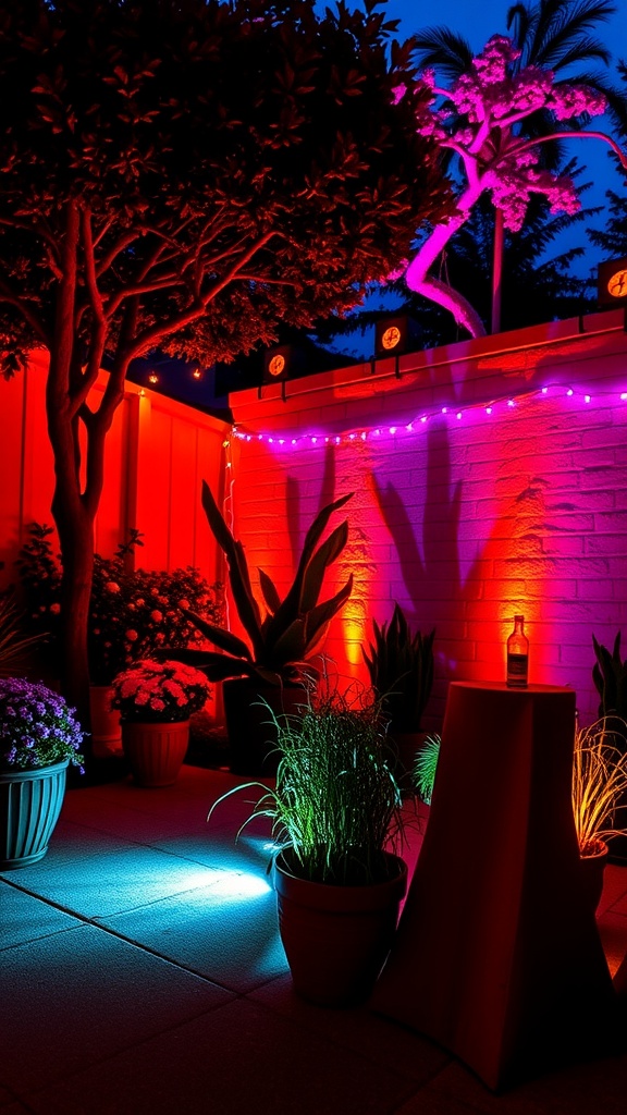 A backyard lit with colorful LED floodlights creating vibrant shadows and atmosphere.