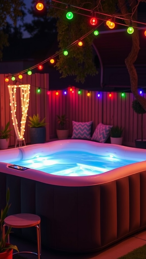 An inflatable hot tub with colorful string lights around it, creating a cozy evening atmosphere.