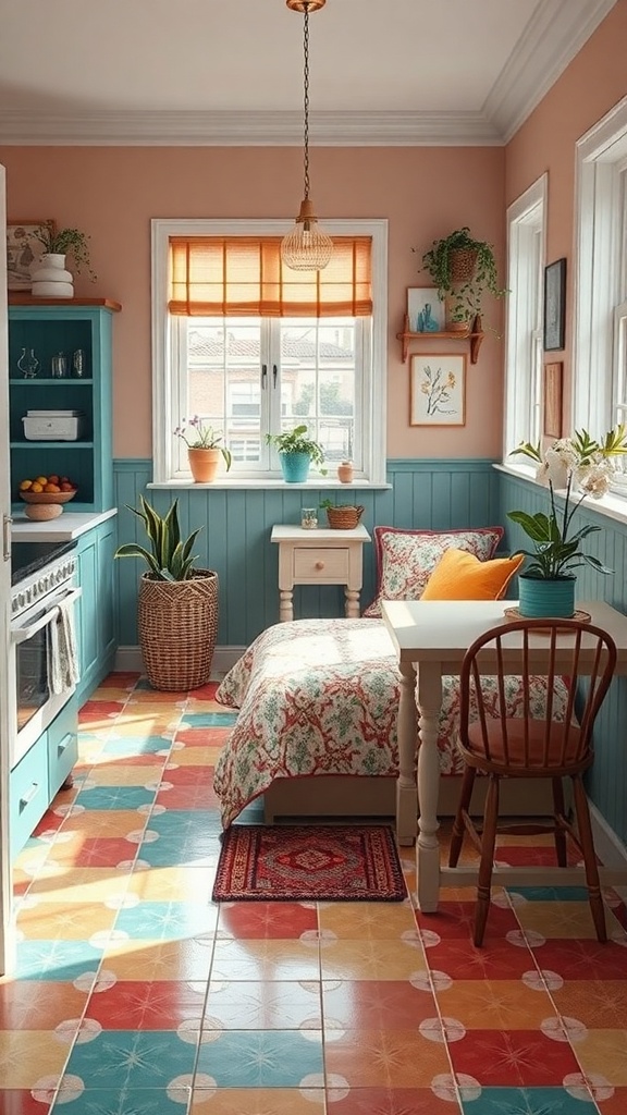 A colorful kitchen with vibrant linoleum flooring featuring a mix of red, blue, and yellow patterns.