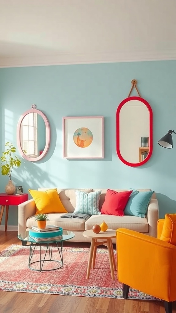 A living room with colorful mirrors on a blue wall, featuring a cozy sofa and vibrant cushions.