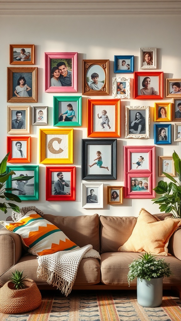 A colorful wall filled with mismatched frames showcasing family photos.
