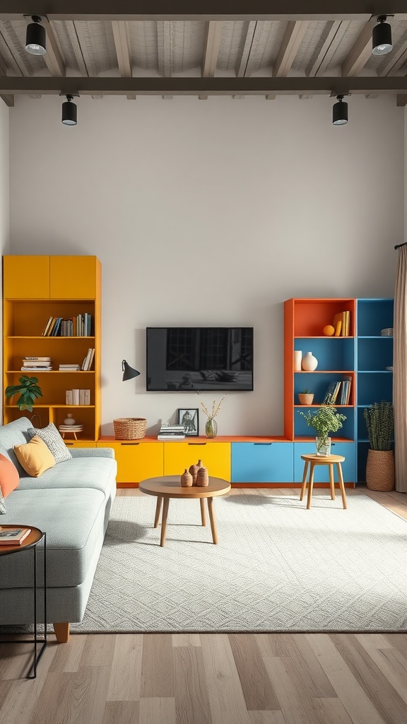 A lively living room featuring colorful modular wall systems in orange and blue, along with a cozy sofa and wooden flooring.