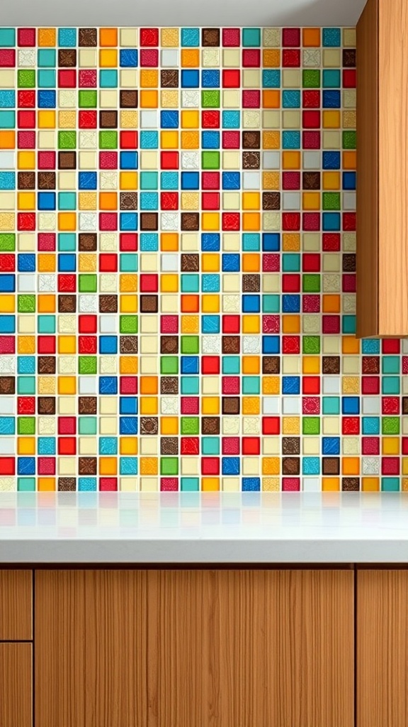 A colorful mosaic tile backsplash in a kitchen, featuring various vibrant colors and patterns.