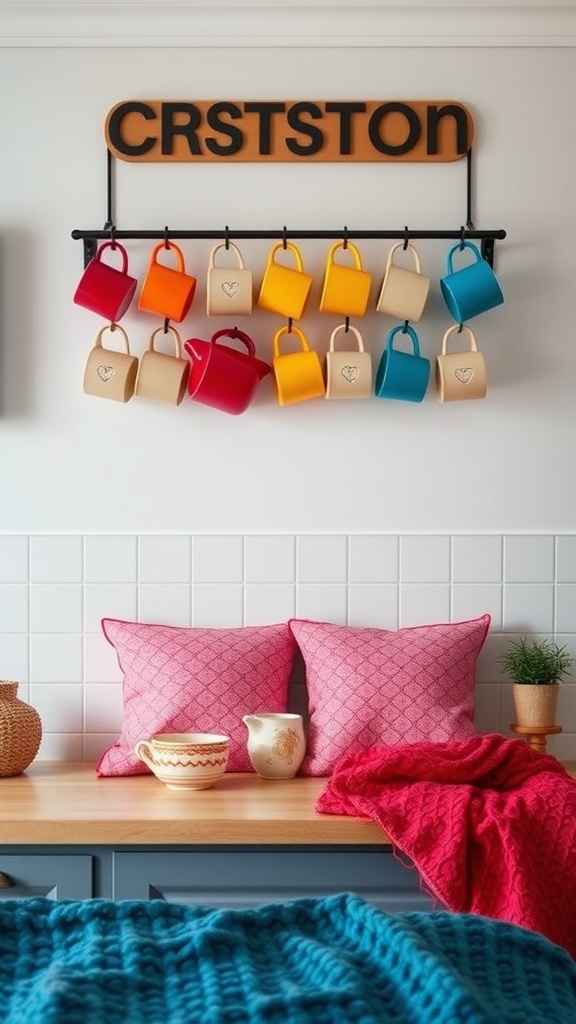 Colorful mugs displayed on a rack with cozy cushions and throws in a kitchen setting.