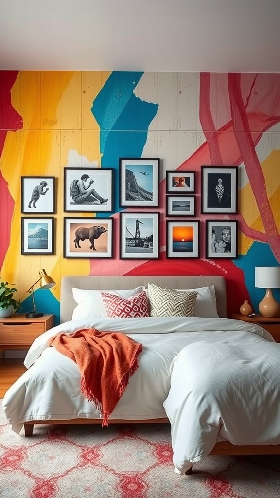 A bedroom featuring a colorful mural backdrop with a gallery wall of framed photos, cozy bedding, and decorative elements.