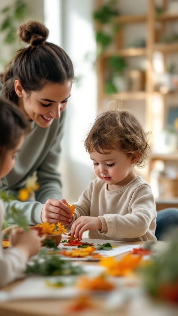 A parent and toddler creating a colorful nature collage with flowers and leaves.